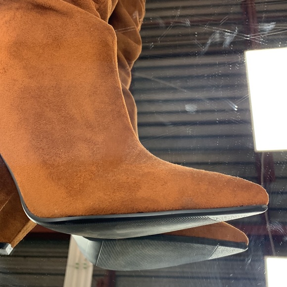 Women’s Cone Heel Knee High Slouchy Boot with Pointed Toe in Camel Faux Suede - Picture 11 of 14